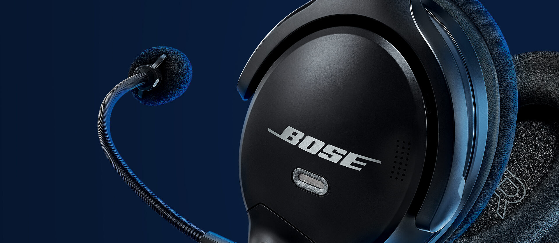 Close-up of Bose A30 Headset on blue background